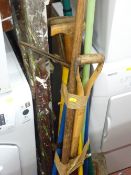 Parcel of long handled garden tools and vintage wooden stepladder