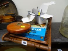 Vintage surveyor's tape measure, boxed 'Blue Peter' jigsaw, carved wooden tray etc