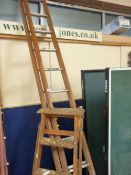 Wood and metal rung two section ladder and a wooden stepladder