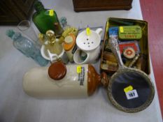 Parcel of vintage items including old chemist's bottles, hair clippers, earthenware bottle etc