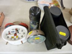 Mickey Mouse novelty alarm clock, Beatles Apple Corps Ltd flask, Noddy alarm clock and a cased set
