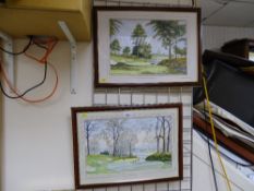 JEAN PULLING mixed media, a pair - golfing scenes, 32 x 48 cms