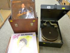 Wind-up picnic gramophone by Columbia, retro case of LP records and a loose parcel of LP records