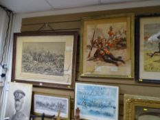 Large parcel of vintage military prints including 'Charge of the Life Guards at Waterloo', 'Comrades