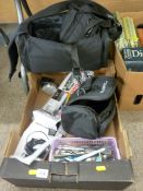 Boxed rear view mirror dashcam, camera bag, flatware etc