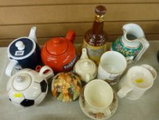 Parcel of novelty teapots, Bells Whisky bottle and similar items