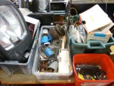 Parcel of garage items in four boxes and a large floodlight E/T
