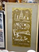 J JONES linocut - coal mining scene (as per label verso), 68 x 32 cms