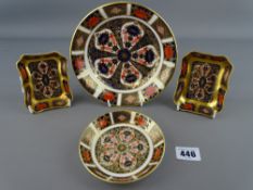Pair of small Royal Crown Derby Imari patterned oblong dishes and two circular plates, one small and