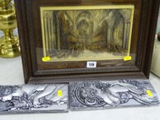 Framed ivorex plaque of Chester Cathedral and two further similar style plaques of ladies