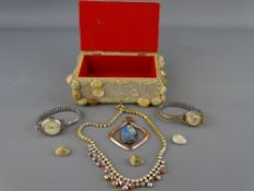 Small shell encrusted jewellery box and contents