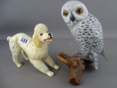 Sylvac pottery playful poodle dog and a composition model of a grey owl on a tree stump