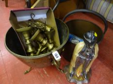 Knight fire iron set, two brass coal buckets and other brassware etc