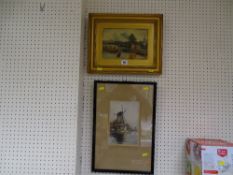 E W oil on board - boating scene at Chester?, 17 x 24 cms and a vintage print