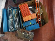 Metal cantilever toolbox and contents, box of garage items and small fixings and a small lockable
