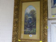 Victorian watercolour - river and bridge scene in a gilt frame