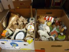 Two boxes of treen ware, ornamental pottery etc