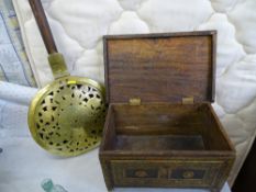 Interesting wooden box with brass decoration and a similar period brass long handled bedwarming pan