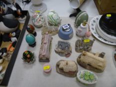 Quantity of Lilliput Lane cottages, ornamental eggs, Jasperware lighter etc