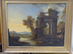 Continental oil on canvas - cattle with figures at work and play by a ruined building, 65 x 85 cms