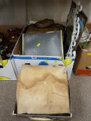 Box of mixed stationery items, cribbage board, vintage record case, metal framed mirror etc