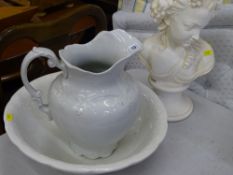 Plain white jug and basin set and a classical lady composite bust