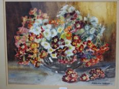 MARION BROOM watercolour - still life, flowers in a bowl, 34 x 43 cms