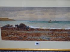 WILLIAM CARLAW watercolour - shoreline scene with horse, cart and seaweed gatherers, 24 x 49 cms