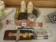 Parcel of miscellaneous ornamental items including ship in a bottle, brassware, hip flasks etc