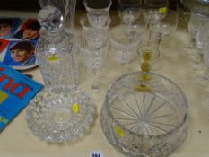 Four twist stem wine glasses, other quality wine glasses, a square based glass decanter with stopper