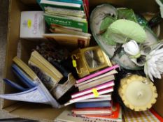 Box of Ordnance Survey maps, carriage clock and other household items