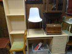 A Maskrey's computer desk, a modern curved plastic chair, open bookcase & single chair Condition