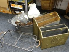 A pair of brass magazine stands, vintage oval basin, glass bottle ETC Condition Report: please