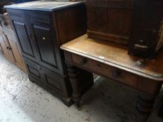 An open bookcase, an antique farmhouse table with end drawer & a modern linen fold TV cabinet