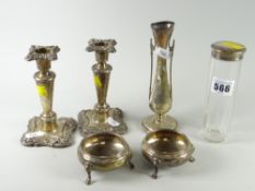 Group of assorted silver items to include pair of salts raised on three hoof-feet together with pair