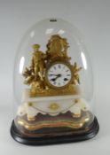A good antique French drum-type clock with gilt metal figure & cartouche beside the white enamel