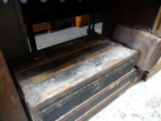 A vintage banded cabin trunk, a metal box & a small vintage suitcase together with five vintage