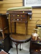 A vintage inlaid table, foot stool & a half moon table Condition Report: please request* *