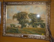 Framed watercolour by CYRIL W BION of farmland with distant farm & crop field, entitled 'A Surrey