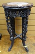 Chinese carved hardwood jardiniere plant stand with inset marble top, 58.5cms high