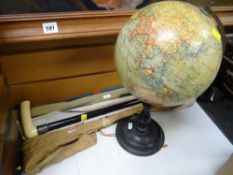 A vintage globe together with a white metal collared walking cane, cased fishing rod etc Condition