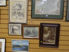 A framed pencil drawing portrait of a gentleman & a parcel of other pictures Condition Report: