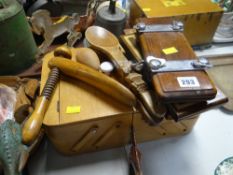 Two vintage tie-presses, a marquetry cribbage-scorer, a concertina wooden box ETC Condition