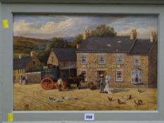 A primitive-school oil painting of a South Wales 'Commercial' public-house, with figures outside & a