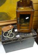 A small oak wall mounted & glass door smoker's cabinet together with a leather cigar case, tin