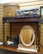 A vintage tin hat box, a vintage suitcase & three pine framed mirrors Condition Report: please