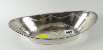 Silver oval bowl with floral & swag engraved decoration & shield cartouche with initials,