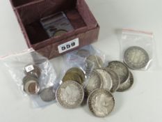Small jewellery box containing assorted coinage including believed reproduction dollars, tokens etc