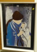 A framed linocut of mother & child in the MANNER OF BRENDA CHAMBERLAIN, indistinctly signed,