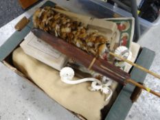 Box containing horse blanket, cruelwork cushion cover, oil lamp funnel ETC Condition Report: